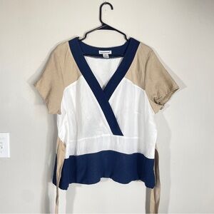 Jessica London Linen Blend Colorblock Wrap Top Navy White Tan Costalstyle Resort